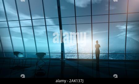 Silhouette einer Geschäftsfrau auf dem Hintergrund eines Büro-Panoramafensters. Stockfoto