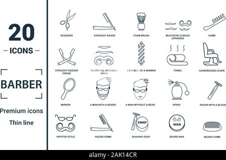 Friseur Icon Set. Kreative Elemente Schere, Schaum Bürste, Rasiermesser, Handtuch, Spiegel Symbole. Kann für den Bericht verwendet, Präsentation. Stock Vektor
