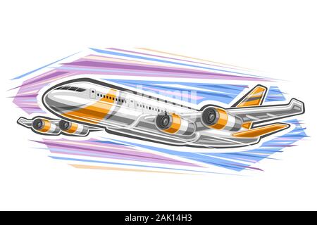 Vektor logo für Flugzeug in Bewegung, dekorative Aufkleber mit Abbildung: high speed modernes Flugzeug mit 4 Turbinen fliegen auf abstrakten Himmel Hintergrund Stock Vektor