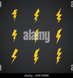 Blitz Symbole gesetzt. Vektor Symbole auf dunkel eingestellt Stock Vektor