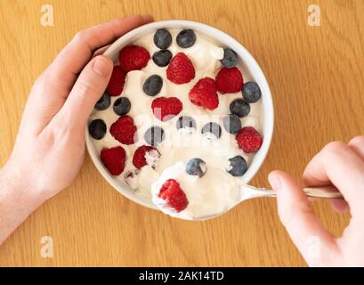 Eine Schale mit Obst und Joghurt - Begriff - fünf am Tag, gesund essen, Auflösung des neuen Jahres, ein gesundes Frühstück Stockfoto