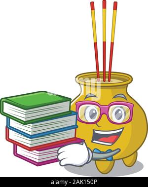 Cool und clever Student chinesische Räucherstäbchen Maskottchen Karikatur mit Buch Stock Vektor
