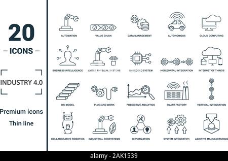Industrie 4.0 Icon Set. Kreative Elemente Automation gehören, Data Management, Business Intelligence, horizontale Integration, OSI-Modell Symbole. Werden Können Stock Vektor