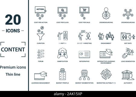 Symbol "Inhalt gesetzt. Kreative Elemente Kosten pro Klick, Crowdsourcing, kuration gehören, Exit, Gamification Symbole. Kann für den Bericht verwendet werden. Stock Vektor