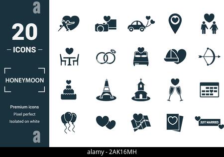 Hochzeitsreise Icon Set. Gehören kreative Elemente reisen, Just Married, Abendessen, Eber, Reise, Kuchen Symbole. Kann für Bericht, Präsentation, Diagramm verwendet werden, Web Stock Vektor