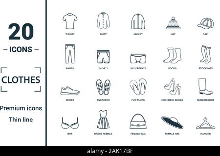 Kleidung Icon Set. Gehören kreative Elemente t-shirt, Jacke, Hose, Socken, Schuhe Symbole. Kann für Bericht, Präsentation, Grafik, Web Design Stock Vektor