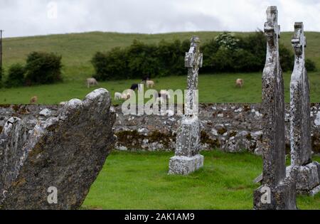 Archäologische Stätte von Clonmacnoise in Irland mit einer Kathedrale, Kirchen, ein Friedhof, Grabplatten und mehrere Tempel, Türme und Kreuze Stockfoto