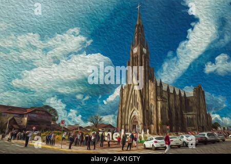 Menschen vor der Muttergottes von Lourdes Kathedrale im Zentrum der Stadt Canela. Eine charmante kleine Stadt im Süden Brasiliens. Ölfarbe Filter. Stockfoto