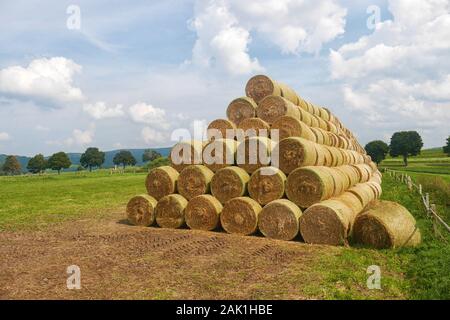 Stapel von Strohballen - runde Strohballen in einer Pyramide gestapelt, auf einem Feld, Allee und blauer Himmel mit weißen Wolken im Hintergrund Stockfoto