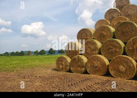 Stapel von Strohballen - runde Strohballen in einer Pyramide gestapelt, auf einem Feld, Allee und blauer Himmel mit weißen Wolken im Hintergrund Stockfoto