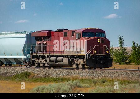 Vintage Lokomotive eines kanadischen nationalen Eisenbahn Güterzug ziehen einen Wagen in der Landschaft. Dunkelrot lackiert mit Scheinwerfer auf. Stockfoto