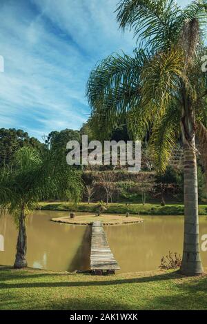 Holzsteg gehen zu einer kleinen Insel im Teich von einem Garten mit Palmen in der Nähe von Bento Goncalves. Ein Wein produzierenden Land Stadt im Süden Brasiliens. Stockfoto