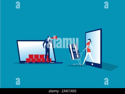 Shopping Online App verkauf Förderung vector Flat Style. Werben Banner oder Broschüre Plakat mit Smartphone. Stockfoto