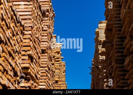 Eine niedrige Winkel Blick auf gelagerte Holz Latten in einem holzplatz, in der Konstruktion verwendet, unter dem blauen Himmel mit kopieren. Holzbearbeitung und Holzindustrie Stockfoto