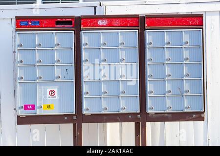 Calgary, Alberta. Kanada. Jan 6, 2020. Eine Gemeinschaft Mailbox von einem Canada Post mail Nachbarschaft. Canada Post Gemeinschaft Boxen gezielt durch Dieb. Illu Stockfoto