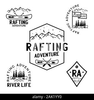 Vintage Rafting Abenteuer Logos, Mountain Camp Abzeichen Set. Handgezeichnete Etiketten Designs. Reiseexpedition, Fernweh und Kajakfahren. Embleme für den Außenbereich Stock Vektor