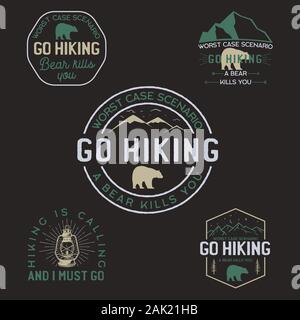 Vintage wandern Logos, Berg Abenteuer Abzeichen. Hand gezeichneten Etiketten Designs. Reisen Expedition, Fernweh und Scouting. Outdoor Embleme. Logos Stock Vektor