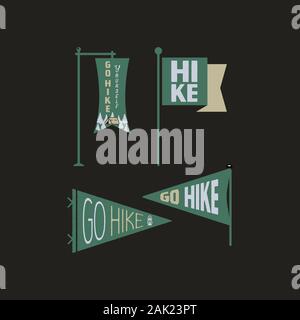 Vintage camp Wimpel und Fahnen Sammlung, klicken Sie Wanderung selbst Aufkleber. Hand badges Design gezeichnet. Reisen Expedition, Fernweh retro Grafik. Wandern Stock Vektor