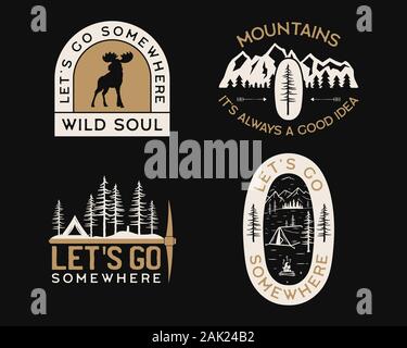 Vintage Camp Logos, Berg Abenteuer Abzeichen Set. Handgezeichnete Etiketten Designs. Reiseexpedition, Fernweh und Scouting. Außenembleme. Logos Stock Vektor