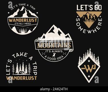 Vintage Mountain Camp Logos, Abenteuer Abzeichen Set. Handgezeichnete Etiketten Designs. Reise Expedition insignias, Fernweh und Scouting. Außenembleme Stock Vektor