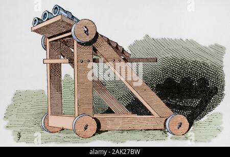 Ribadoquín también llamado rabauld, Máquina infernal o cañón de órgano. Era un cañón de Salva de finales de la Edad Media. Compuesto por Varios cañones de Hierro de pequeño Kaliber montados en Paralelo sobre una Plataforma. Grabado. 'Museo Militar del Ejército Español', Tomo I. Evaristo Ullastres Editor. Barcelona, 1883. Coloreado. Stockfoto