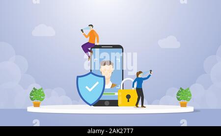 Gesichtserkennung Konzept Technologie menschliches Gesicht Scanner mit Smartphone Apps mit modernen Flat Style-Vector Illustration Stockfoto