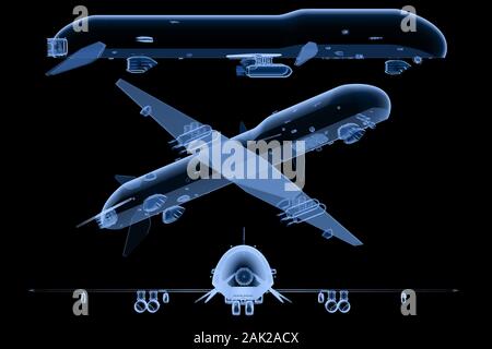 3D-Rendering" der militärischen Drohnen x-ray isoliert auf Schwarz Stockfoto