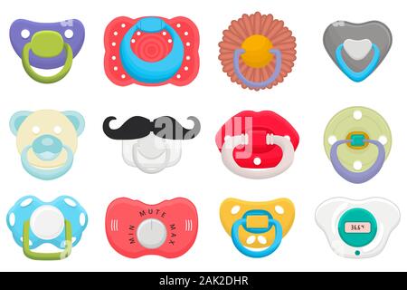 Abbildung auf Thema große farbige Set baby Schnuller, Dummy mit Gummi Nippel. Baby Schnuller aus der Sammlung zu den Neugeborenen, gute dummy Brustwarze. Stock Vektor