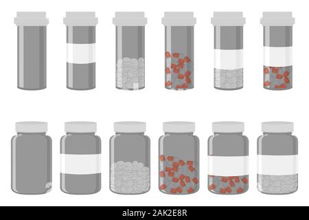 Abbildung auf Thema große farbige verschiedene Arten von Pillen in der Nähe jar gesetzt. Pille Muster bestehend aus Sammlung Gläser mit Qualitätskontrolle in der Nähe Stock Vektor