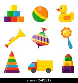 Bunte Kinder Spielzeug, von Vector Icons im flachen Stil. Würfel, whirligig, Ente, ball Rassel, Lkw, Pyramide, Leitung. Spielzeug für Kinder Stock Vektor