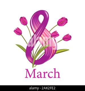8. März Grußkarte für internationale Womans Tag. Realistische acht Wave ribbon Abbildung. Flüssige Farbe Tinte Form mit Tulpe Blumen auf einem weißen Hintergrund. Stock Vektor