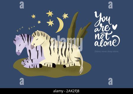 Happy Valentinstag Vektor texturierte Tier Karte in einem flachen Stil mit Zitat und echten Fakten über Zebras Liebe. Zebra Pferd Paar zusammen schlafen. Sie sind nicht allein. Stock Vektor