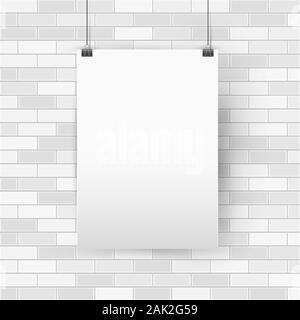 Leer leer A4-Vektor poster Mockup, vertikalen Papier Rahmen hängen mit Büroklammern. Weiße Wand im Hintergrund. Weiche Schatten. Vektor illustrati Stock Vektor