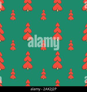 Vektor nahtlose Muster mit handgezeichneten Weihnachtsbäumen von Herzen isoliert auf grünem Hintergrund. Endlose Textur. Geschenkpapier, positiv Stoff Stock Vektor