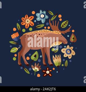 Cute cartoon Elch Vektor tierische Kunst. Braun elk runde Karte in einem flachen Stil. Woodland kindliche Illustration mit botanischen Laub und Blumen. Stock Vektor