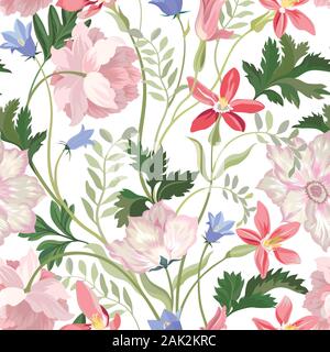 Florale nahtlose Muster. Schönen Frühling Sommer Hintergrund mit tropischem Garten Blumen, Palmen. Sanfte Blume625 Wallpaper für Bettwäsche des Stock Vektor