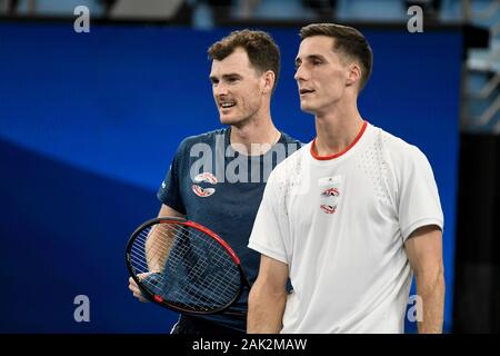 Sydney, Australien. 7. Januar 2020; Sydney Olympic Park Tennis Centre, Sydney, New South Wales, Australien; ATP-wm Australien, Sydney, Tag 5; Großbritannien gegen Moldawien; Jamie Murray und Joe Salisbury in Großbritannien gegen Alexander Cozbinov und Radu Albot der Republik Moldau; Jamie Murray und Joe Salisbury Großbritannien sprechen Taktiken während ihres Gleichen gegen Moldawien - Redaktionelle Verwendung Credit: Aktion Plus Sport Bilder/Alamy leben Nachrichten Stockfoto