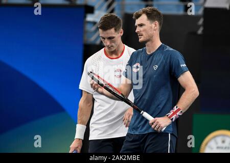 Sydney, Australien. 7. Januar 2020; Sydney Olympic Park Tennis Centre, Sydney, New South Wales, Australien; ATP-wm Australien, Sydney, Tag 5; Großbritannien gegen Moldawien; Jamie Murray und Joe Salisbury in Großbritannien gegen Alexander Cozbinov und Radu Albot der Republik Moldau; Jamie Murray und Joe Salisbury Großbritannien sprechen Taktiken während ihres Gleichen gegen Moldawien - Redaktionelle Verwendung Credit: Aktion Plus Sport Bilder/Alamy leben Nachrichten Stockfoto