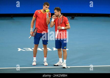 Sydney, Australien. 7. Januar 2020; Sydney Olympic Park Tennis Centre, Sydney, New South Wales, Australien; ATP-wm Australien, Sydney, Tag 5; Großbritannien gegen Moldawien; Jamie Murray und Joe Salisbury in Großbritannien gegen Alexander Cozbinov und Radu Albot der Republik Moldau; Alexander Cozbinov und Radu Albot der Republik Moldau sprechen Taktik während der Match gegen Jamie Murray und Joe Salisbury Großbritannien - Redaktionelle Verwendung Credit: Aktion Plus Sport Bilder/Alamy leben Nachrichten Stockfoto