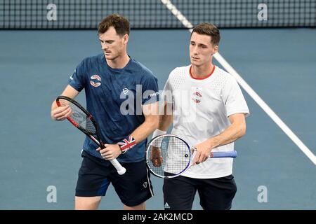 Sydney, Australien. 7. Januar 2020; Sydney Olympic Park Tennis Centre, Sydney, New South Wales, Australien; ATP-wm Australien, Sydney, Tag 5; Großbritannien gegen Moldawien; Jamie Murray und Joe Salisbury in Großbritannien gegen Alexander Cozbinov und Radu Albot der Republik Moldau; Jamie Murray und Joe Salisbury Großbritannien in ihrem Match gegen Alexander Cozbinov und Radu Albot der Republik Moldau - Redaktionelle Verwendung Credit: Aktion Plus Sport Bilder/Alamy leben Nachrichten Stockfoto