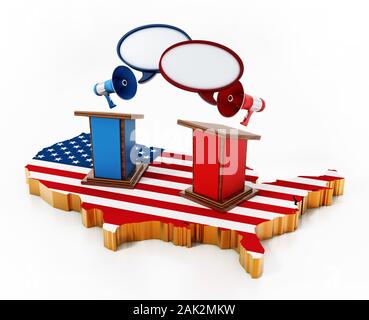 Blau und Rot Rednerpulte stehend auf USA-Karte. 3D-Darstellung. Stockfoto