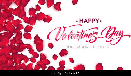 Happy Valentinstag Kalligraphie Schrift auf dem Hintergrund der rosa Rosenblättern. Valentines Tag Hintergrund. Vector Illustration EPS 10. Stock Vektor