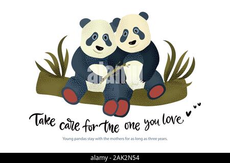 Happy Valentinstag Vektor texturierte Pandabär Tier Karte in einem flachen Stil mit Zitat und Real Facts über die Liebe. Romantische Abbildung mit niedlicher Pandas. Pflege für die, die sie lieben. Stock Vektor