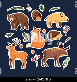 Hand Wald Tier Vektor in einem Stil gezeichnet. Woodland cartoon Symbol lustige Sammlung mit Eule, Hirsch, großen braunen Bären, Wildschweine hog und ein Fuchs. Stock Vektor