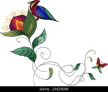 Sommer tropische Flachbild Blume. Farbenfrohe abstrakte tropischen Vogel sitzt auf einer Blume. Flatline Symbol. Bunte Schmetterling in abstrakten Stil auf weißem backgro Stock Vektor