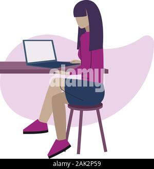 Ein Mädchen das Arbeiten am Computer Vector Illustration. Stock Vektor