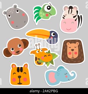 Cute Safari Animal Gesichter im flachen Stil isoliert Vector Illustration. Dekorative safari Kollektion. Cartoon kindisch Vector safari Tiere Gesicht gesetzt Stock Vektor