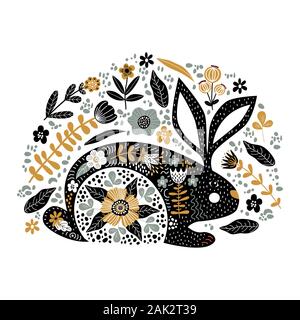 Cartoon monochrome Kaninchen mit Blumen auf einem weißen Hintergrund. Vector Illustration im skandinavischen Stil Stock Vektor