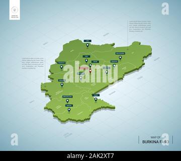 Stilisierte Karte von Burkina Faso. Isometrische 3D-grüne Karte mit Städten, Ländergrenzen, Hauptstadt Ouagadougou, Regionen. Vector Illustration. Bearbeitbare Layer deutlich Stock Vektor