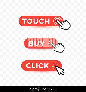 Wahl Web Buttons gesetzt. Berühren, aber, und klicken Sie auf Text für abgerundete Schaltflächen mit Pfeilen oder Hand Pointer. Isolierte Vector Icons auf transparentem Hintergrund. Stock Vektor